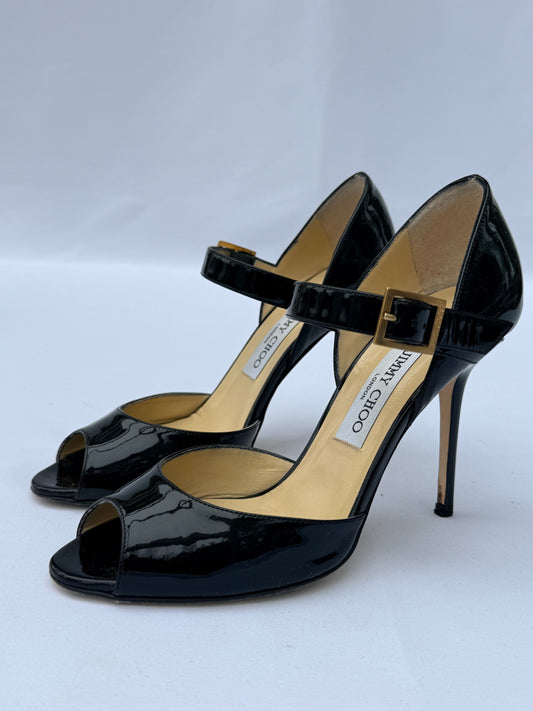 Black Patent Leather Jimmy Choo Peep Toe Court Heels- Size 38