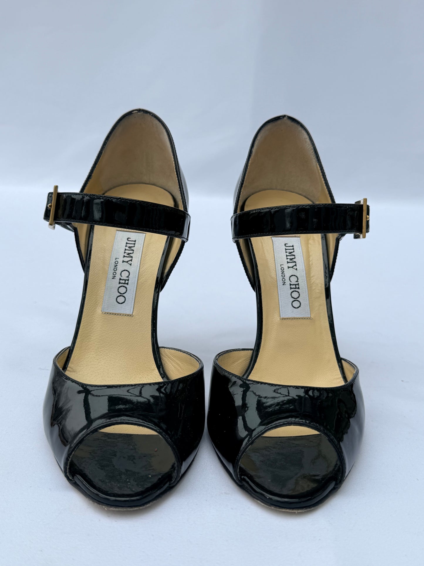 Black Patent Leather Jimmy Choo Peep Toe Court Heels- Size 38