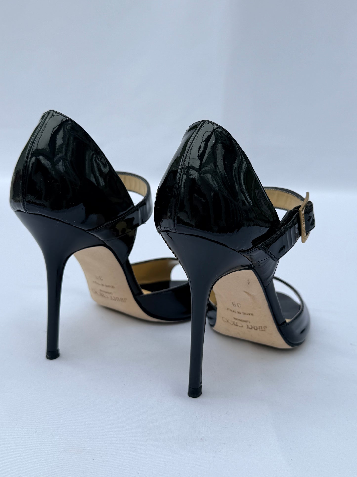 Black Patent Leather Jimmy Choo Peep Toe Court Heels- Size 38